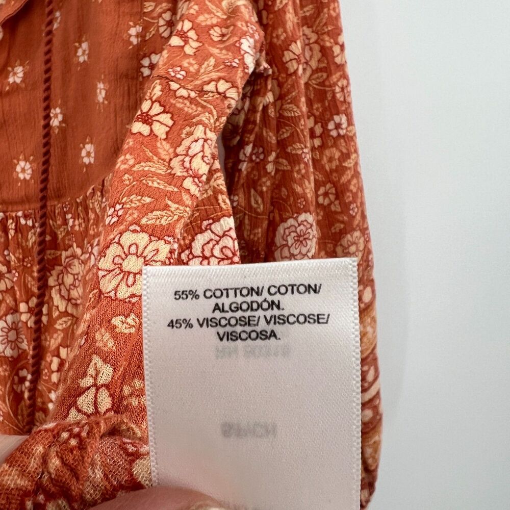 Lucky Brand Boho Peasant Blouse S Rust Orange Floral Long Sleeve Tassel Top